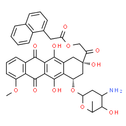 ChemSpider 2D Image | 2-{(2S,4S)-4-[(3-Amino-2,3,6-trideoxyhexopyranosyl)oxy]-2,5,12-trihydroxy-7-methoxy-6,11-dioxo-1,2,3,4,6,11-hexahydro-2-tetracenyl}-2-oxoethyl 1-naphthylacetate | C39H37NO12