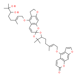 ChemSpider 2D Image | 4-{[(2E)-5-(4'-{[(2E)-6,7-Dihydroxy-3,7-dimethyl-2-octen-1-yl]oxy}-5,5-dimethyl-2',3'-dihydrospiro[1,3-dioxolane-2,7'-furo[3,2-g]chromen]-4-yl)-3-methyl-2-penten-1-yl]oxy}-7H-furo[3,2-g]chromen-7-one | C42H48O11