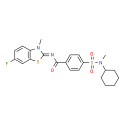 ChemSpider 2D Image | 4-[Cyclohexyl(methyl)sulfamoyl]-N-[(2Z)-6-fluoro-3-methyl-1,3-benzothiazol-2(3H)-ylidene]benzamide | C22H24FN3O3S2