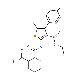 ChemSpider 2D Image | 2-{[4-(4-Chlorophenyl)-3-(ethoxycarbonyl)-5-methyl-2-thienyl]carbamoyl}cyclohexanecarboxylic acid | C22H24ClNO5S