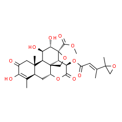 ChemSpider 2D Image | Methyl (11beta,12alpha,15beta)-3,11,12-trihydroxy-15-{[(2E)-3-(2-methyl-2-oxiranyl)-2-butenoyl]oxy}-2,16-dioxo-13,20-epoxypicras-3-en-21-oate | C28H34O12