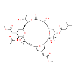 ChemSpider 2D Image | (1S,3S,5E,7R,8E,11S,12S,13E,15S,17R,21R,23R,25S)-12-Acetoxy-1,11,21-trihydroxy-17-[(1R)-1-hydroxyethyl]-5,13-bis(2-methoxy-2-oxoethylidene)-10,10,26,26-tetramethyl-19-oxo-18,27,28,29-tetraoxatetracycl
o[21.3.1.1~3,7~.1~11,15~]nonacos-8-en-25-yl 3-methylbutanoate | C44H66O17
