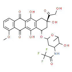 ChemSpider 2D Image | (1R)-3-Glycoloyl-3,5,12-trihydroxy-10-methoxy-6,11-dioxo-1,2,3,4,6,11-hexahydro-1-tetracenyl 2,3,6-trideoxy-3-[(trifluoroacetyl)amino]hexopyranoside | C29H28F3NO12