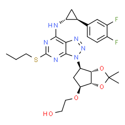 ChemSpider 2D Image | 2-(((3aR,4S,6R,6aS)-6-(7-(((1R,2S)-2-(3,4-Difluorophenyl)cyclopropyl)amino)-5-(propylthio)-3H-[1,2,3]triazolo[4,5-d]pyrimidin-3-yl)-2,2-dimethyltetrahydro-3aH-cyclopenta[d][1,3]dioxol-4-yl)oxy)ethanol | C26H32F2N6O4S