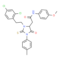 ChemSpider 2D Image | 2-{3-[2-(2,4-Dichlorophenyl)ethyl]-1-(4-methylphenyl)-5-oxo-2-thioxo-4-imidazolidinyl}-N-(4-methoxyphenyl)acetamide | C27H25Cl2N3O3S
