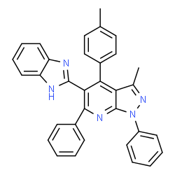 ChemSpider 2D Image | 5-(1H-Benzimidazol-2-yl)-3-methyl-4-(4-methylphenyl)-1,6-diphenyl-1H-pyrazolo[3,4-b]pyridine | C33H25N5