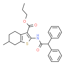 ChemSpider 2D Image | Propyl 2-[(diphenylacetyl)amino]-6-methyl-4,5,6,7-tetrahydro-1-benzothiophene-3-carboxylate | C27H29NO3S