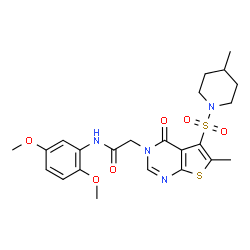 ChemSpider 2D Image | N-(2,5-Dimethoxyphenyl)-2-{6-methyl-5-[(4-methyl-1-piperidinyl)sulfonyl]-4-oxothieno[2,3-d]pyrimidin-3(4H)-yl}acetamide | C23H28N4O6S2