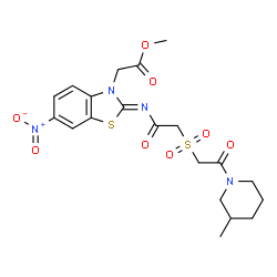 ChemSpider 2D Image | Methyl [(2Z)-2-[({[2-(3-methyl-1-piperidinyl)-2-oxoethyl]sulfonyl}acetyl)imino]-6-nitro-1,3-benzothiazol-3(2H)-yl]acetate | C20H24N4O8S2