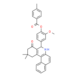 ChemSpider 2D Image | 4-(2,2-Dimethyl-4-oxo-1,2,3,4,5,6-hexahydrobenzo[a]phenanthridin-5-yl)-2-methoxyphenyl 4-methylbenzoate | C34H31NO4