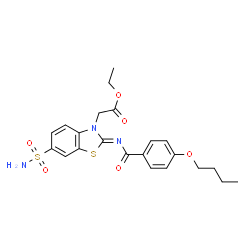 ChemSpider 2D Image | Ethyl [(2Z)-2-[(4-butoxybenzoyl)imino]-6-sulfamoyl-1,3-benzothiazol-3(2H)-yl]acetate | C22H25N3O6S2