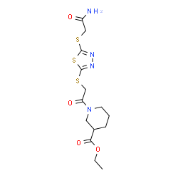ChemSpider 2D Image | Ethyl 1-[({5-[(2-amino-2-oxoethyl)sulfanyl]-1,3,4-thiadiazol-2-yl}sulfanyl)acetyl]-3-piperidinecarboxylate | C14H20N4O4S3
