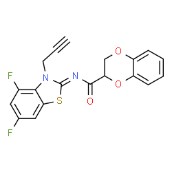 ChemSpider 2D Image | N-[(2Z)-4,6-Difluoro-3-(2-propyn-1-yl)-1,3-benzothiazol-2(3H)-ylidene]-2,3-dihydro-1,4-benzodioxine-2-carboxamide | C19H12F2N2O3S