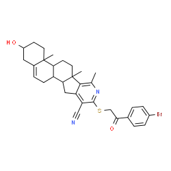 ChemSpider 2D Image | 9-{[2-(4-Bromophenyl)-2-oxoethyl]sulfanyl}-2-hydroxy-4a,6a,7-trimethyl-2,3,4,4a,4b,5,6,6a,11,11a,11b,12-dodecahydro-1H-naphtho[2',1':4,5]indeno[1,2-c]pyridine-10-carbonitrile | C32H35BrN2O2S