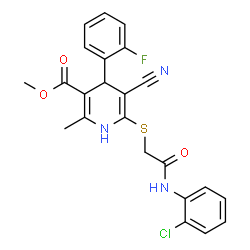 ChemSpider 2D Image | Methyl 6-({2-[(2-chlorophenyl)amino]-2-oxoethyl}sulfanyl)-5-cyano-4-(2-fluorophenyl)-2-methyl-1,4-dihydro-3-pyridinecarboxylate | C23H19ClFN3O3S