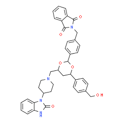 ChemSpider 2D Image | 2-[4-(4-[4-(Hydroxymethyl)phenyl]-6-{[4-(2-oxo-2,3-dihydro-1H-benzimidazol-1-yl)-1-piperidinyl]methyl}-1,3-dioxan-2-yl)benzyl]-1H-isoindole-1,3(2H)-dione | C39H38N4O6
