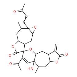 ChemSpider 2D Image | 7-Acetyl-8a-hydroxy-2',9-dimethyl-3-methylene-1a'-(3-oxo-1-buten-1-yl)-2',3,3',3a,3a',4,4a,6a',7',7a',8a,9,10,10a-tetradecahydro-1a'H,2H-spiro[furo[2',3':5,6]cyclohepta[1,2-b]pyran-6,6'-oxireno[4,5]cy
clohepta[1,2-b]furan]-2,5'-dione | C29H34O9