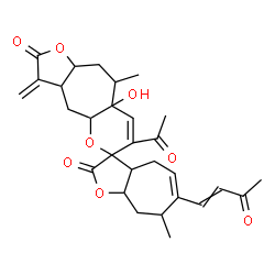 ChemSpider 2D Image | 7'-Acetyl-8a'-hydroxy-7,9'-dimethyl-3'-methylene-6-(3-oxo-1-buten-1-yl)-3',3a',4,4',4a',7,8,8a,8a',9',10',10a'-dodecahydro-2'H,3aH-spiro[cyclohepta[b]furan-3,6'-furo[2',3':5,6]cyclohepta[1,2-b]pyran]-
2,2'-dione | C29H34O8