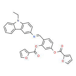 ChemSpider 2D Image | 4-{(E)-[(9-Ethyl-9H-carbazol-3-yl)imino]methyl}-1,3-phenylene di(2-furoate) | C31H22N2O6