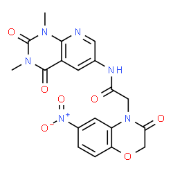 ChemSpider 2D Image | N-(1,3-Dimethyl-2,4-dioxo-1,2,3,4-tetrahydropyrido[2,3-d]pyrimidin-6-yl)-2-(6-nitro-3-oxo-2,3-dihydro-4H-1,4-benzoxazin-4-yl)acetamide | C19H16N6O7