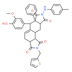 ChemSpider 2D Image | 6-(4-Hydroxy-3-methoxyphenyl)-8-[(4-methylphenyl)amino]-6a-phenyl-2-(2-thienylmethyl)-3a,4,6,6a,9a,10,10a,10b-octahydroisoindolo[5,6-e]isoindole-1,3,7,9(2H,8H)-tetrone | C39H35N3O6S