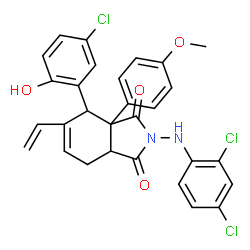 ChemSpider 2D Image | 4-(5-Chloro-2-hydroxyphenyl)-2-[(2,4-dichlorophenyl)amino]-3a-(4-methoxyphenyl)-5-vinyl-3a,4,7,7a-tetrahydro-1H-isoindole-1,3(2H)-dione | C29H23Cl3N2O4