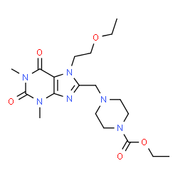 ChemSpider 2D Image | Ethyl 4-{[7-(2-ethoxyethyl)-1,3-dimethyl-2,6-dioxo-2,3,6,7-tetrahydro-1H-purin-8-yl]methyl}-1-piperazinecarboxylate | C19H30N6O5