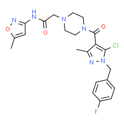 ChemSpider 2D Image | 2-(4-{[5-Chloro-1-(4-fluorobenzyl)-3-methyl-1H-pyrazol-4-yl]carbonyl}-1-piperazinyl)-N-(5-methyl-1,2-oxazol-3-yl)acetamide | C22H24ClFN6O3