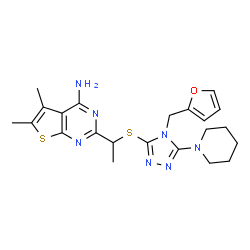 ChemSpider 2D Image | 2-(1-{[4-(2-Furylmethyl)-5-(1-piperidinyl)-4H-1,2,4-triazol-3-yl]sulfanyl}ethyl)-5,6-dimethylthieno[2,3-d]pyrimidin-4-amine | C22H27N7OS2
