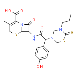 ChemSpider 2D Image | 7-{[(4-Hydroxyphenyl)(5-propyl-6-thioxo-1,3,5-thiadiazinan-3-yl)acetyl]amino}-3-methyl-8-oxo-5-thia-1-azabicyclo[4.2.0]oct-2-ene-2-carboxylic acid | C22H26N4O5S3