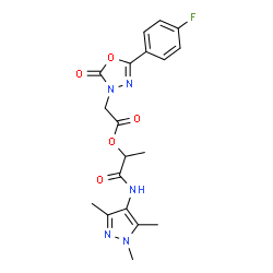 ChemSpider 2D Image | 1-Oxo-1-[(1,3,5-trimethyl-1H-pyrazol-4-yl)amino]-2-propanyl [5-(4-fluorophenyl)-2-oxo-1,3,4-oxadiazol-3(2H)-yl]acetate | C19H20FN5O5