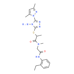 ChemSpider 2D Image | 2-{[4-Amino-5-(3,5-dimethyl-1H-pyrazol-1-yl)-4H-1,2,4-triazol-3-yl]sulfanyl}-N-{2-[(2-ethylphenyl)amino]-2-oxoethyl}-N-methylpropanamide | C21H28N8O2S
