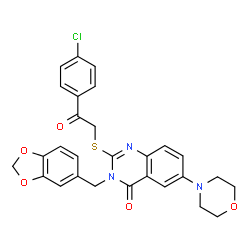 ChemSpider 2D Image | 3-(1,3-Benzodioxol-5-ylmethyl)-2-{[2-(4-chlorophenyl)-2-oxoethyl]sulfanyl}-6-(4-morpholinyl)-4(3H)-quinazolinone | C28H24ClN3O5S