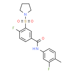 ChemSpider 2D Image | 4-Fluoro-N-(3-fluoro-4-methylphenyl)-3-(1-pyrrolidinylsulfonyl)benzamide | C18H18F2N2O3S