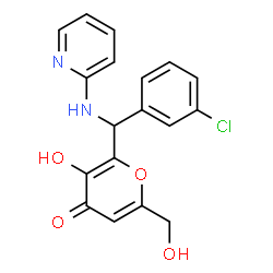 ChemSpider 2D Image | 2-[(3-Chlorophenyl)(2-pyridinylamino)methyl]-3-hydroxy-6-(hydroxymethyl)-4H-pyran-4-one | C18H15ClN2O4