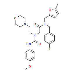 ChemSpider 2D Image | N-(4-Fluorobenzyl)-N~2~-[(4-methoxyphenyl)carbamoyl]-N-[(5-methyl-2-furyl)methyl]-N~2~-[2-(4-morpholinyl)ethyl]glycinamide | C29H35FN4O5