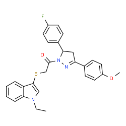 ChemSpider 2D Image | 2-[(1-Ethyl-1H-indol-3-yl)sulfanyl]-1-[5-(4-fluorophenyl)-3-(4-methoxyphenyl)-4,5-dihydro-1H-pyrazol-1-yl]ethanone | C28H26FN3O2S