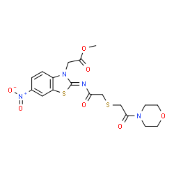 ChemSpider 2D Image | Methyl [(2Z)-2-[({[2-(4-morpholinyl)-2-oxoethyl]sulfanyl}acetyl)imino]-6-nitro-1,3-benzothiazol-3(2H)-yl]acetate | C18H20N4O7S2