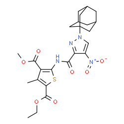 ChemSpider 2D Image | 2-Ethyl 4-methyl 5-({[1-(adamantan-1-yl)-4-nitro-1H-pyrazol-3-yl]carbonyl}amino)-3-methyl-2,4-thiophenedicarboxylate | C24H28N4O7S