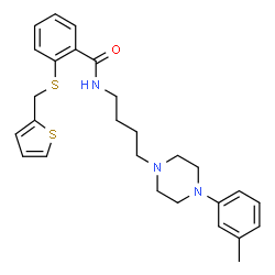 ChemSpider 2D Image | N-{4-[4-(3-Methylphenyl)-1-piperazinyl]butyl}-2-[(2-thienylmethyl)sulfanyl]benzamide | C27H33N3OS2