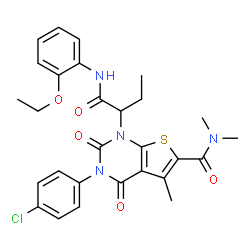 ChemSpider 2D Image | 3-(4-Chlorophenyl)-1-{1-[(2-ethoxyphenyl)amino]-1-oxo-2-butanyl}-N,N,5-trimethyl-2,4-dioxo-1,2,3,4-tetrahydrothieno[2,3-d]pyrimidine-6-carboxamide | C28H29ClN4O5S