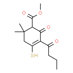 ChemSpider 2D Image | Methyl 3-butyryl-6,6-dimethyl-2-oxo-4-sulfanyl-3-cyclohexene-1-carboxylate | C14H20O4S