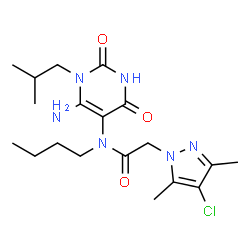 ChemSpider 2D Image | N-(6-Amino-1-isobutyl-2,4-dioxo-1,2,3,4-tetrahydro-5-pyrimidinyl)-N-butyl-2-(4-chloro-3,5-dimethyl-1H-pyrazol-1-yl)acetamide | C19H29ClN6O3