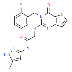 ChemSpider 2D Image | 2-{[3-(2-Fluorobenzyl)-4-oxo-3,4-dihydrothieno[3,2-d]pyrimidin-2-yl]sulfanyl}-N-(5-methyl-1H-pyrazol-3-yl)acetamide | C19H16FN5O2S2
