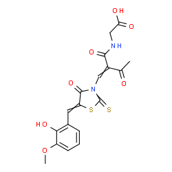 ChemSpider 2D Image | N-(2-{[5-(2-Hydroxy-3-methoxybenzylidene)-4-oxo-2-thioxo-1,3-thiazolidin-3-yl]methylene}-3-oxobutanoyl)glycine | C18H16N2O7S2
