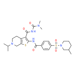 ChemSpider 2D Image | N-(Dimethylcarbamoyl)-6-isopropyl-2-({4-[(3-methyl-1-piperidinyl)sulfonyl]benzoyl}amino)-4,5,6,7-tetrahydrothieno[2,3-c]pyridine-3-carboxamide | C27H37N5O5S2