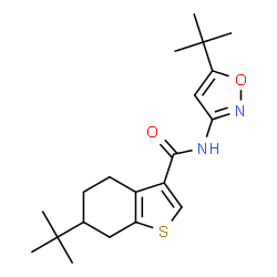 ChemSpider 2D Image | 6-(2-Methyl-2-propanyl)-N-[5-(2-methyl-2-propanyl)-1,2-oxazol-3-yl]-4,5,6,7-tetrahydro-1-benzothiophene-3-carboxamide | C20H28N2O2S