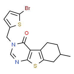 ChemSpider 2D Image | 3-[(5-Bromo-2-thienyl)methyl]-7-methyl-5,6,7,8-tetrahydro[1]benzothieno[2,3-d]pyrimidin-4(3H)-one | C16H15BrN2OS2