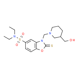 ChemSpider 2D Image | N,N-Diethyl-3-{[3-(hydroxymethyl)-1-piperidinyl]methyl}-2-thioxo-2,3-dihydro-1,3-benzoxazole-5-sulfonamide | C18H27N3O4S2