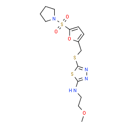 ChemSpider 2D Image | N-(2-Methoxyethyl)-5-({[5-(1-pyrrolidinylsulfonyl)-2-furyl]methyl}sulfanyl)-1,3,4-thiadiazol-2-amine | C14H20N4O4S3